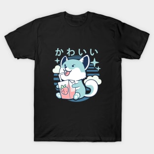 Kawaii Aesthetics Japanese Strawberry Milk Shake かわいい Fox - Blue - Strawberry Milk T-Shirt